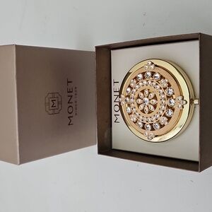 Monet Compact Double Mirror Gold Tone Crystal Snowflake